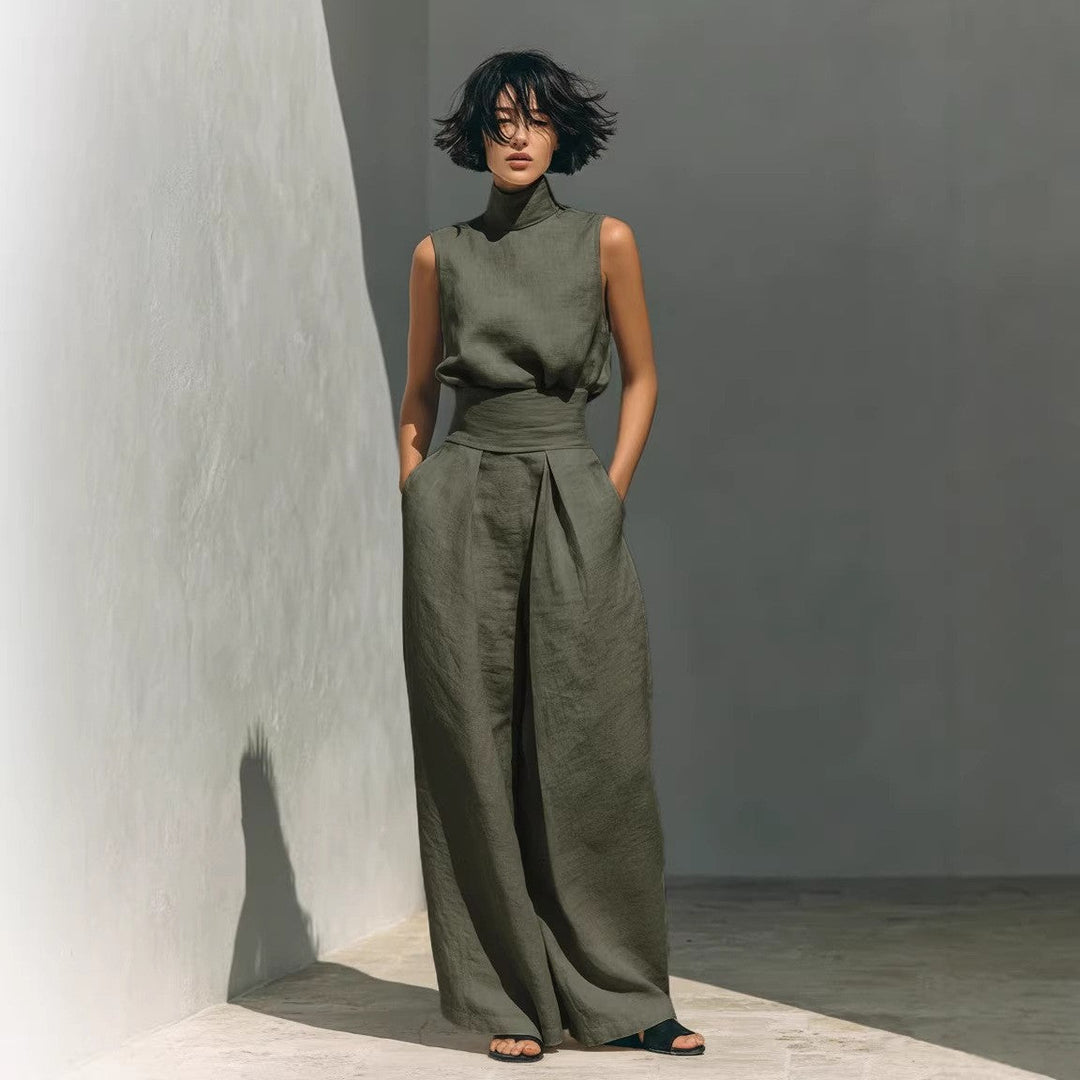 Women’s Cotton Linen Two-Piece Set – Sleeveless Top &amp; Wide-Leg Pants
