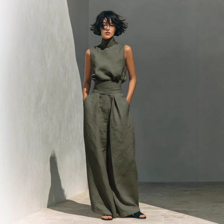 Women’s Cotton Linen Two-Piece Set – Sleeveless Top &amp; Wide-Leg Pants