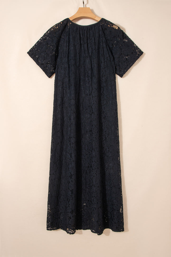 Black Floral Lace Overlay Tassel Tie Short Sleeve Beach Vacation Loose Maxi Dress