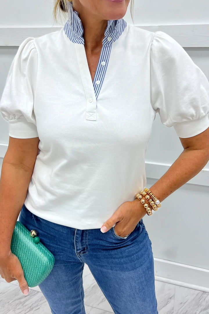 Sachet Pink Striped Frilled Collar Short Sleeve Blouse