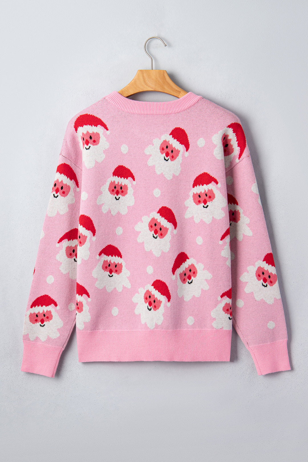 Pink Cartoon Santa Pattern Round Neck Dropped Shoulder Sweater