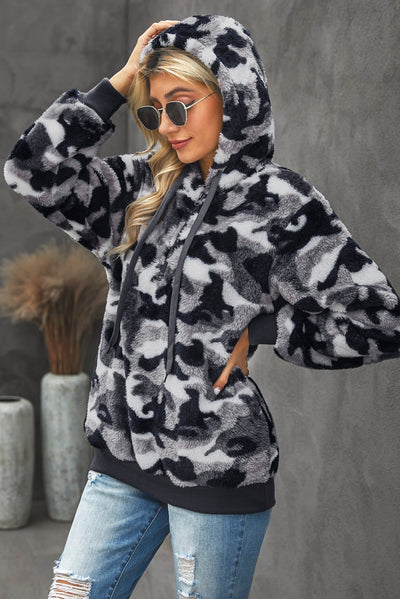 Gray Camo Print Warm Furry Pullover Hoodie