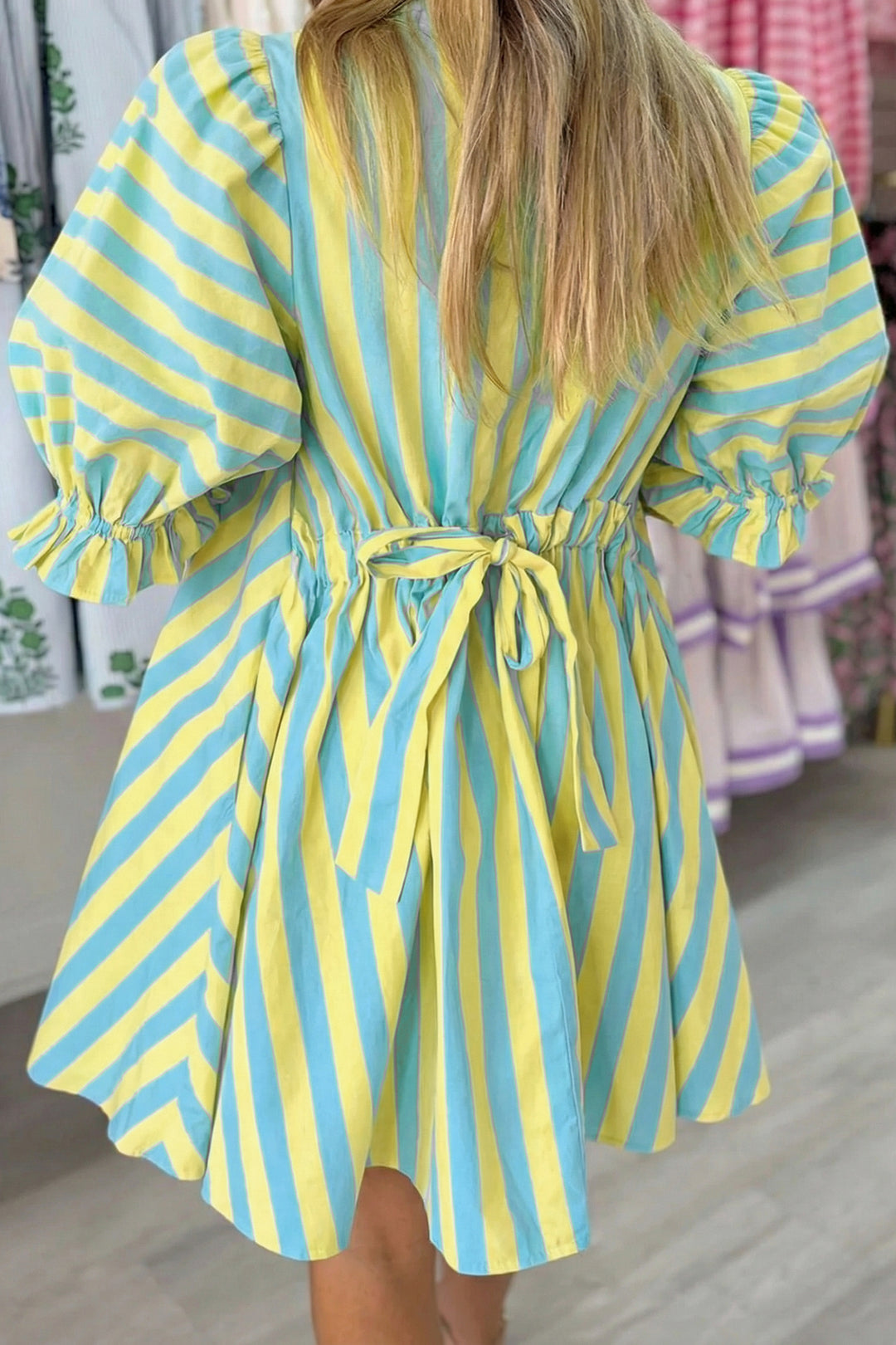 Red Stripe Half Button Puff Sleeve Loose Mini Dress