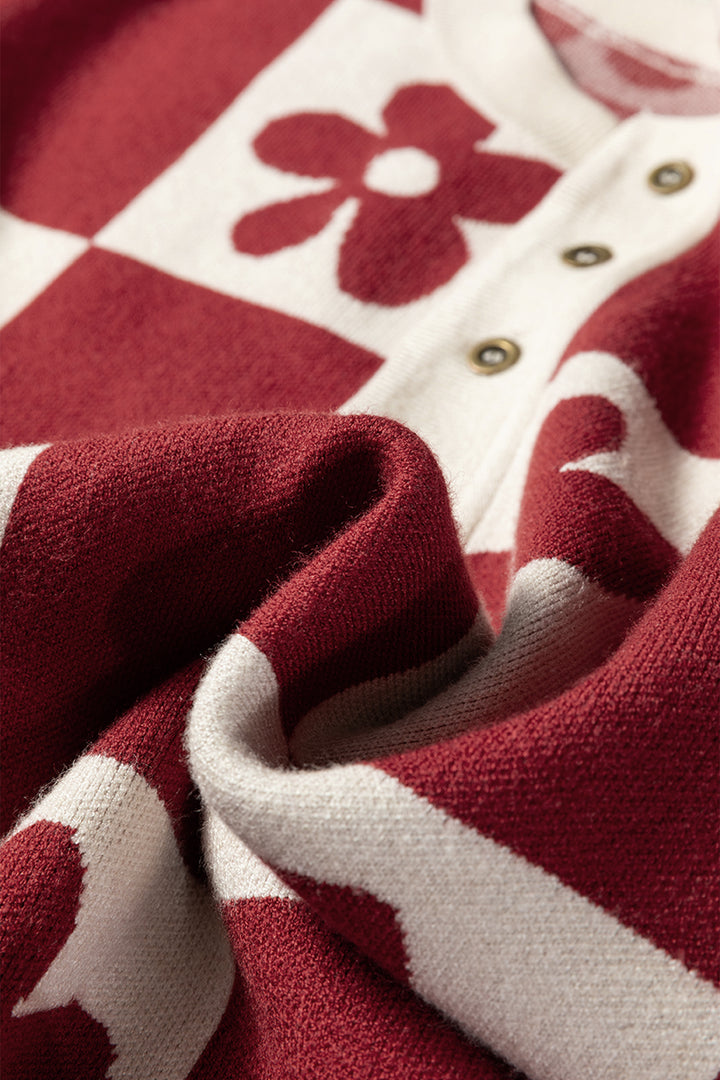 Red Dahlia Flower Plaid Henley Baggy Sweater