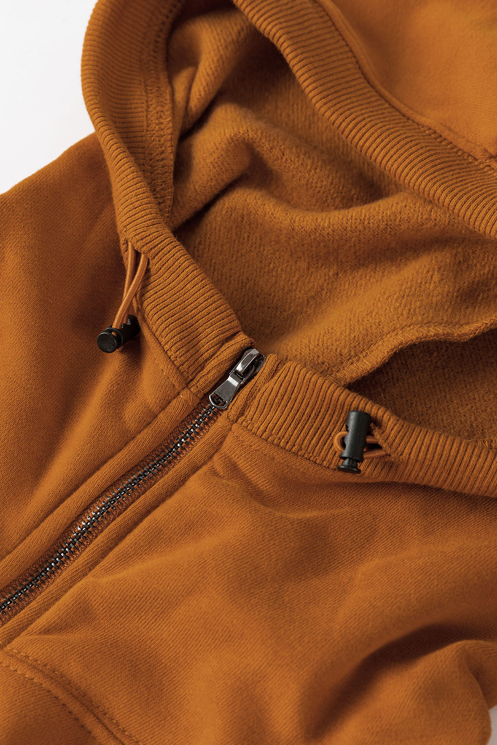 Brown Ribbed Trim Kangaroo Pocket Zipped Hoodie