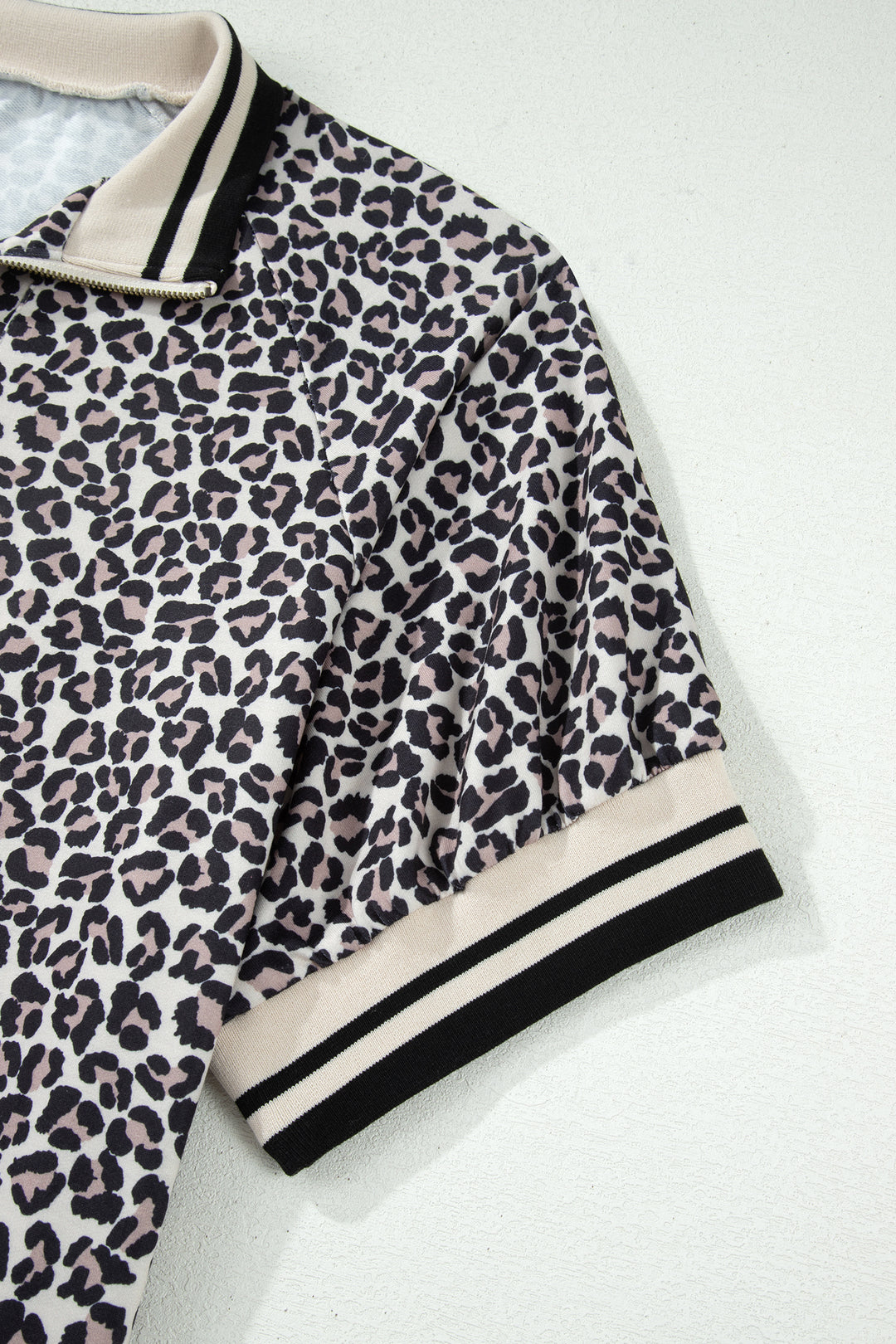 Brown Plus Size Leopard Print Striped Webbing Patchwork Half Zip Blouse