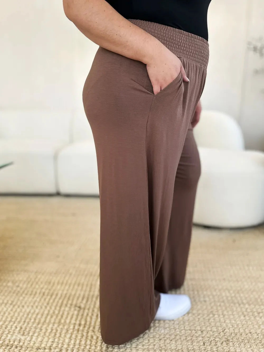 Basic Bae Full Size Smocked Wide Waistband Wide Leg Pants
