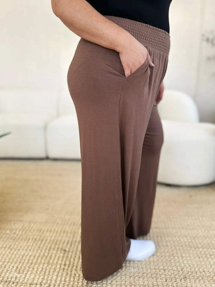 Basic Bae Full Size Smocked Wide Waistband Wide Leg Pants