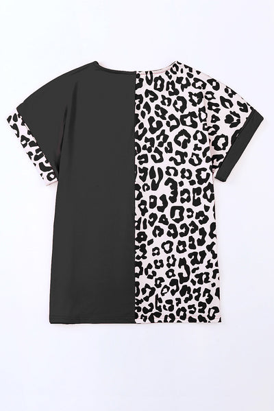 Black Half Leopard Patchwork Short Sleeves Top