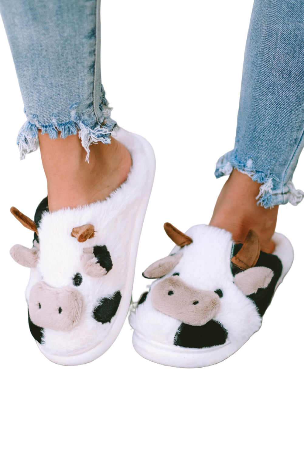 White Cartoon Animal Cow Plush Slippers