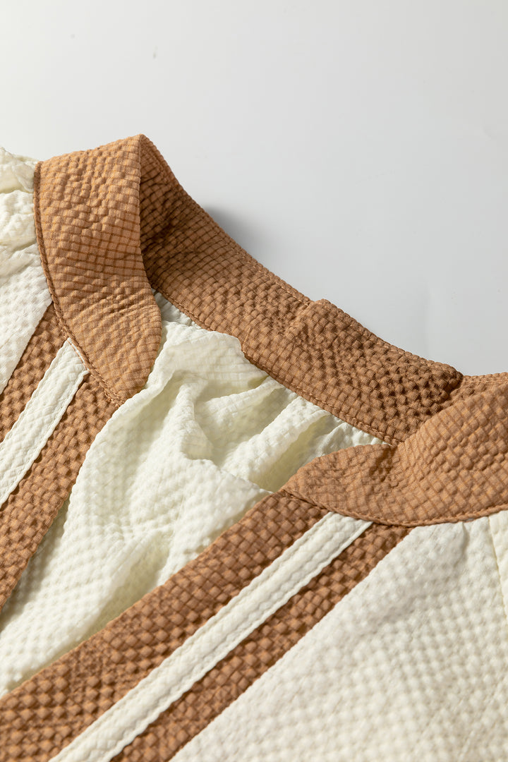 Jet Stream Color Block Patchwork Detail V Neck Textured Long Sleeve Blouse