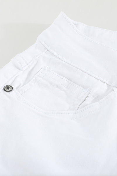 White Plain High Waist Buttons Frayed Cropped Denim Jeans