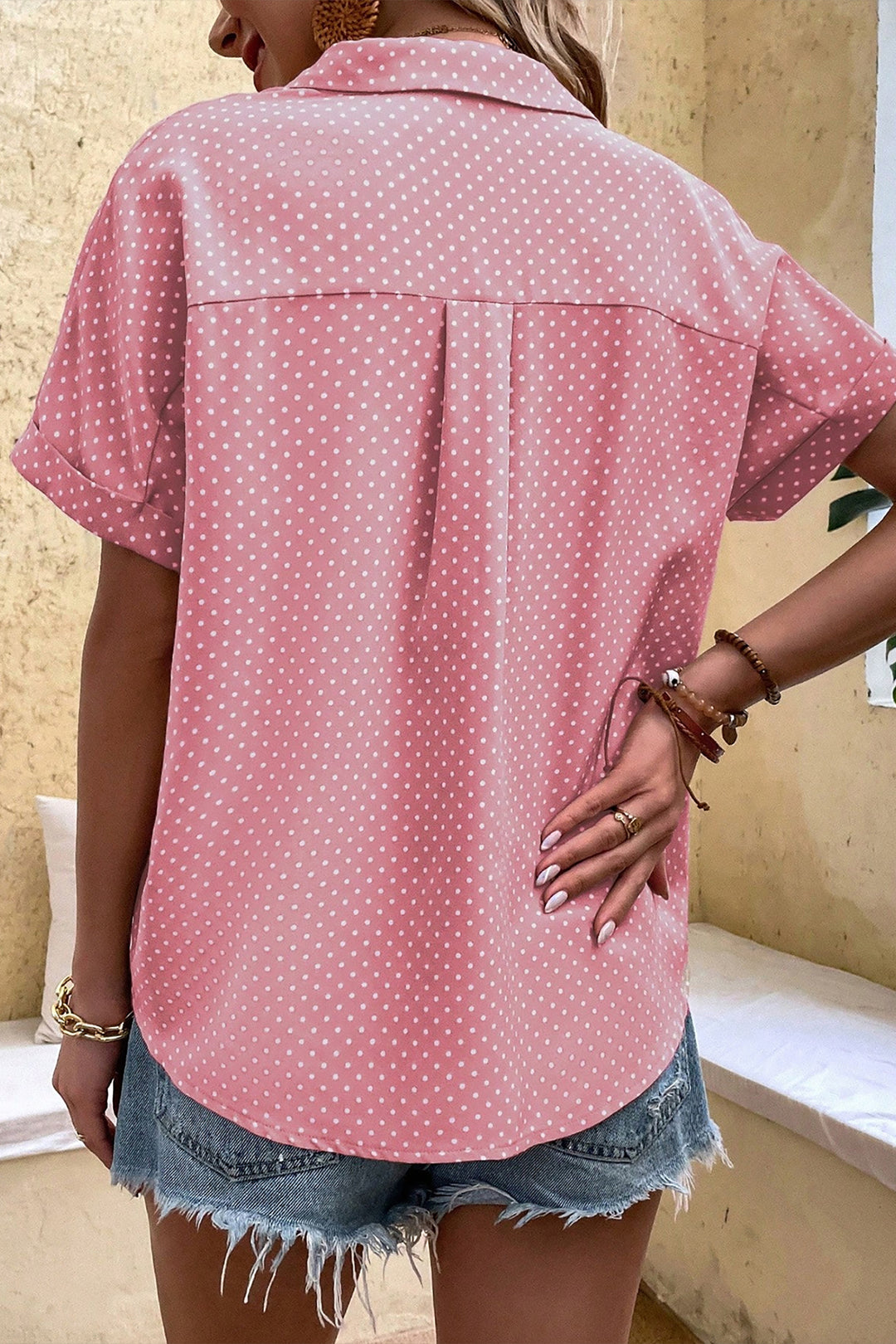 Khaki Dotted Print Cuffed Short Sleeve Shirt
