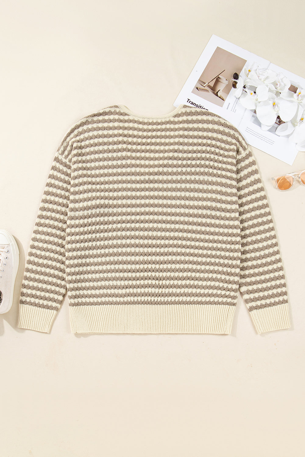 Khaki Stripe Plus Size V Neck Drop Shoulder Sweater