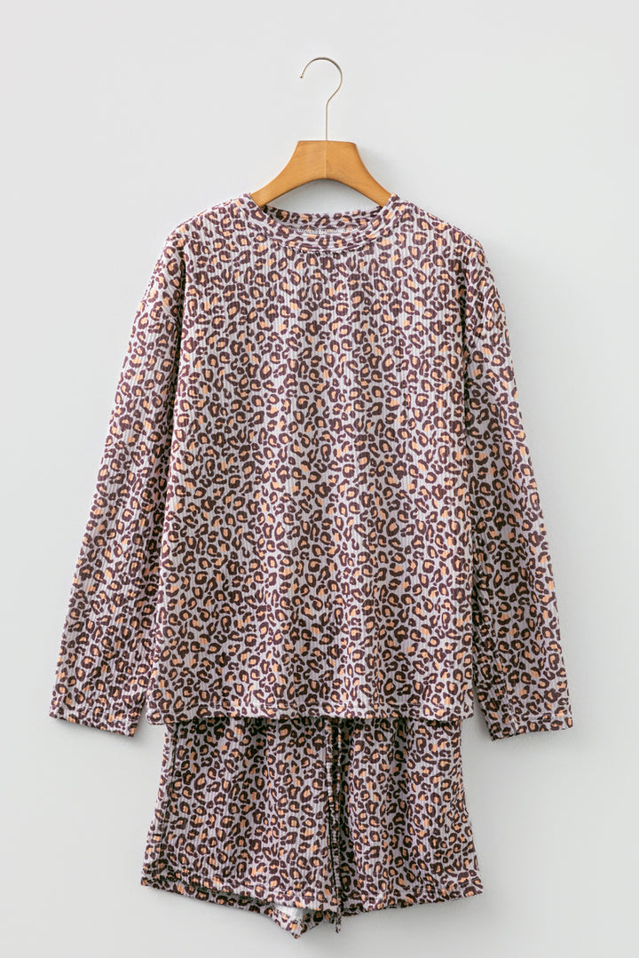Khaki Leopard Ribbed Long Sleeve Top Drawstring Shorts 2pcs Outfit