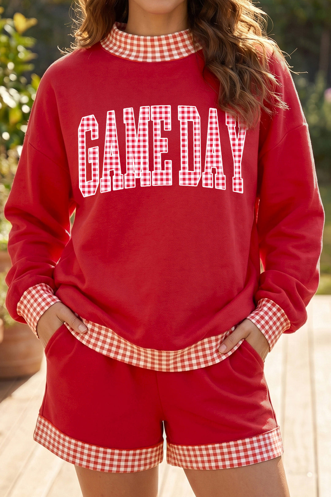 Fiery Red Game Day Gingham Trim Graphic Long Sleeve Top Shorts Set