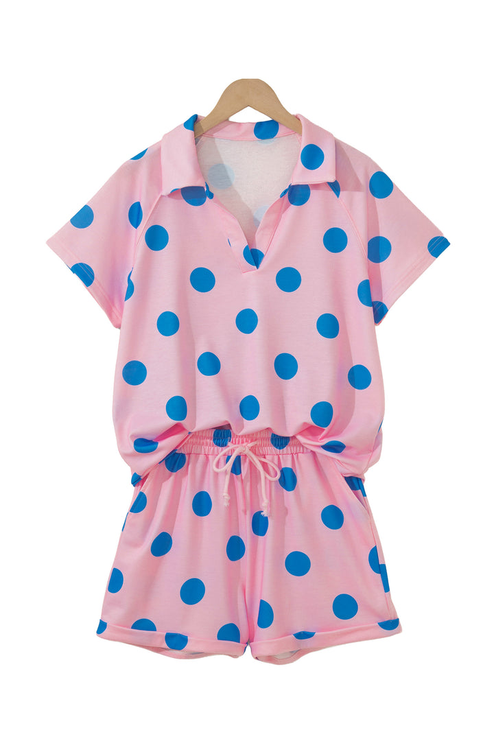 Beige Polka Dot Print V Neck Tee Short Set