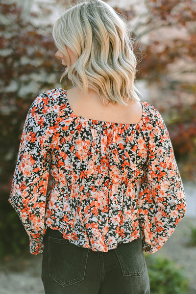 Orange Floral Flounce Sleeve Front Tie Sweetheart Neck Blouse