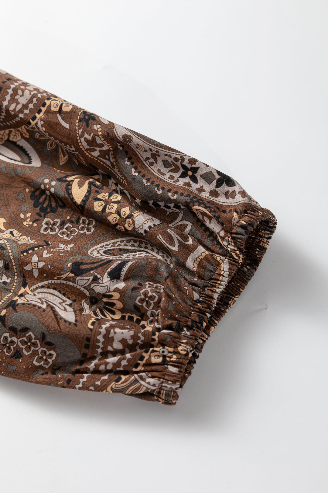 Brown Paisley Print Half Buttons Puff Sleeve Flowy Short Dress