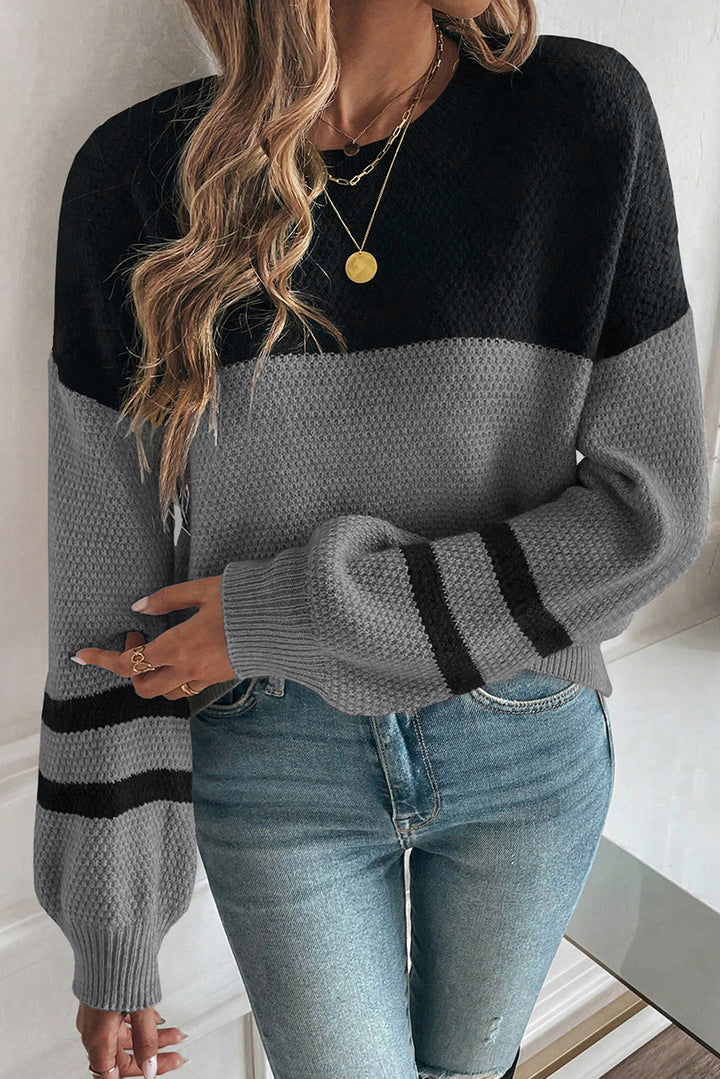Medium Grey Color Block Knit Striped Sleeve Detail Casual Sweater