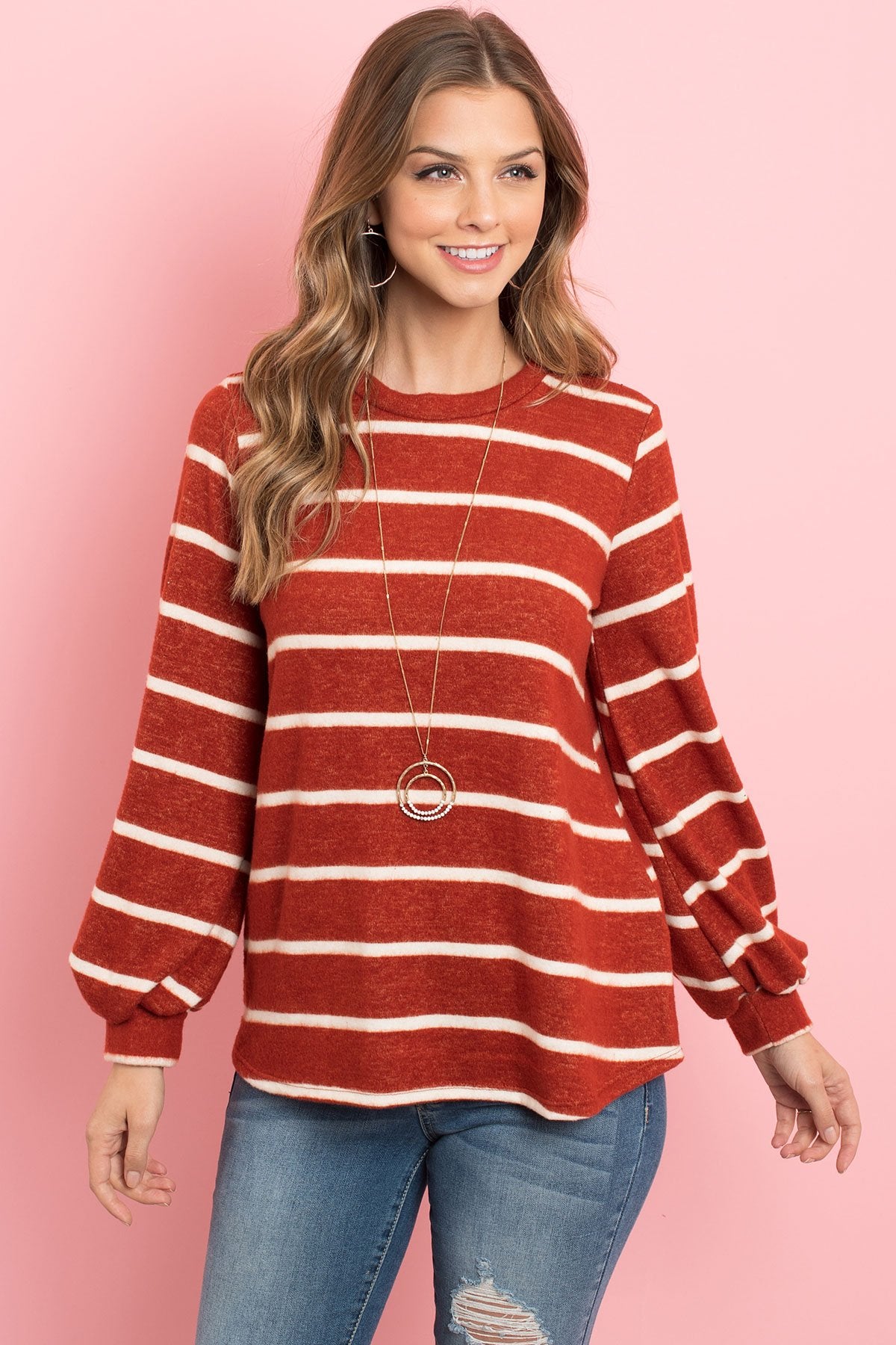 Striped Long Sleeved Round Neck Swing Top