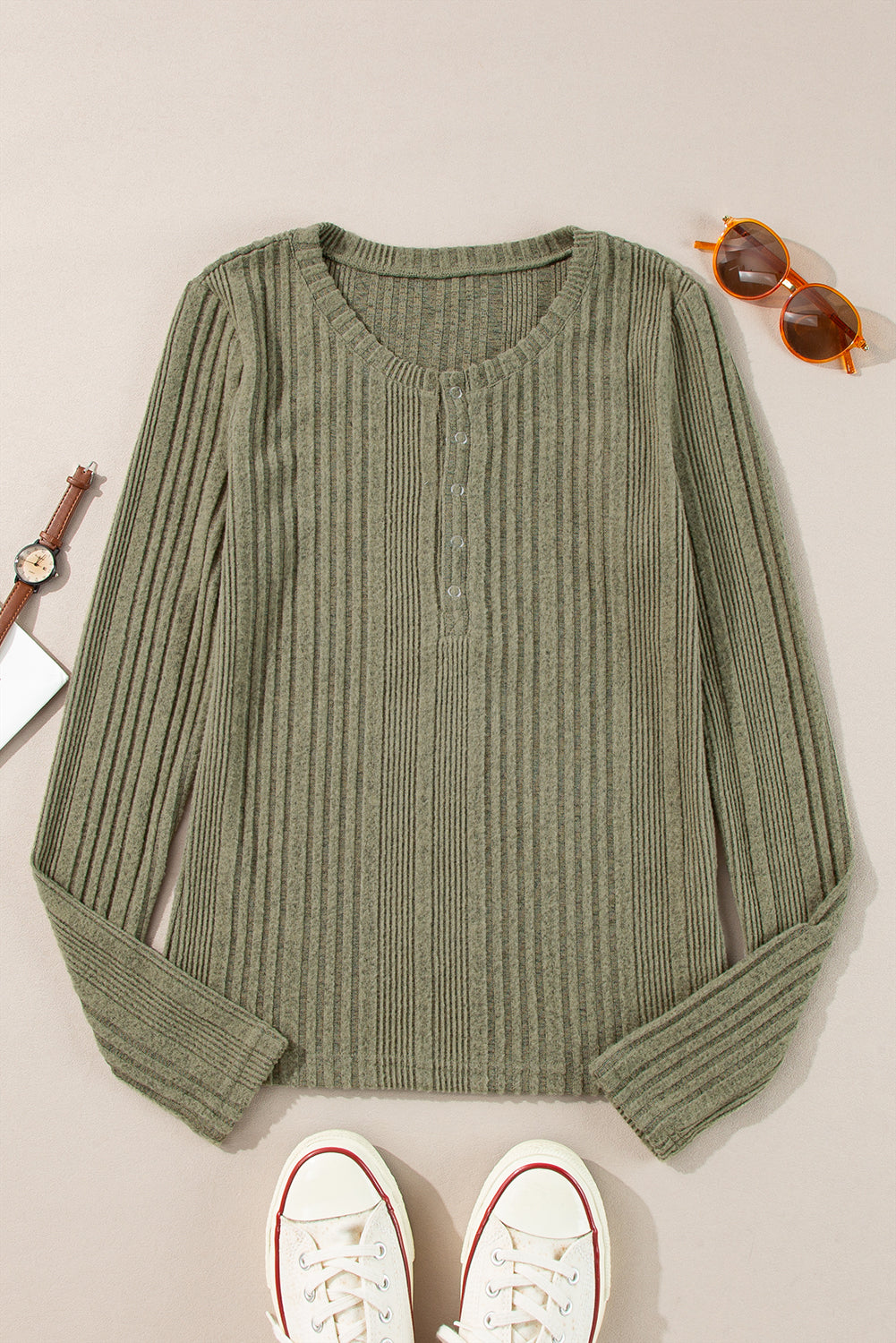 Jungle Green Ribbed Knit Half Button Slim Fit Blouse