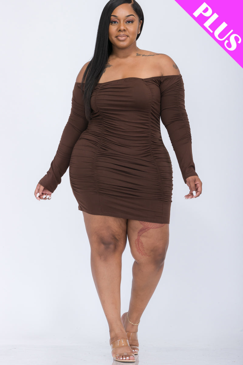 Plus Size Off Shoulder Ruched Long Sleeve Dress (CAPELLA)