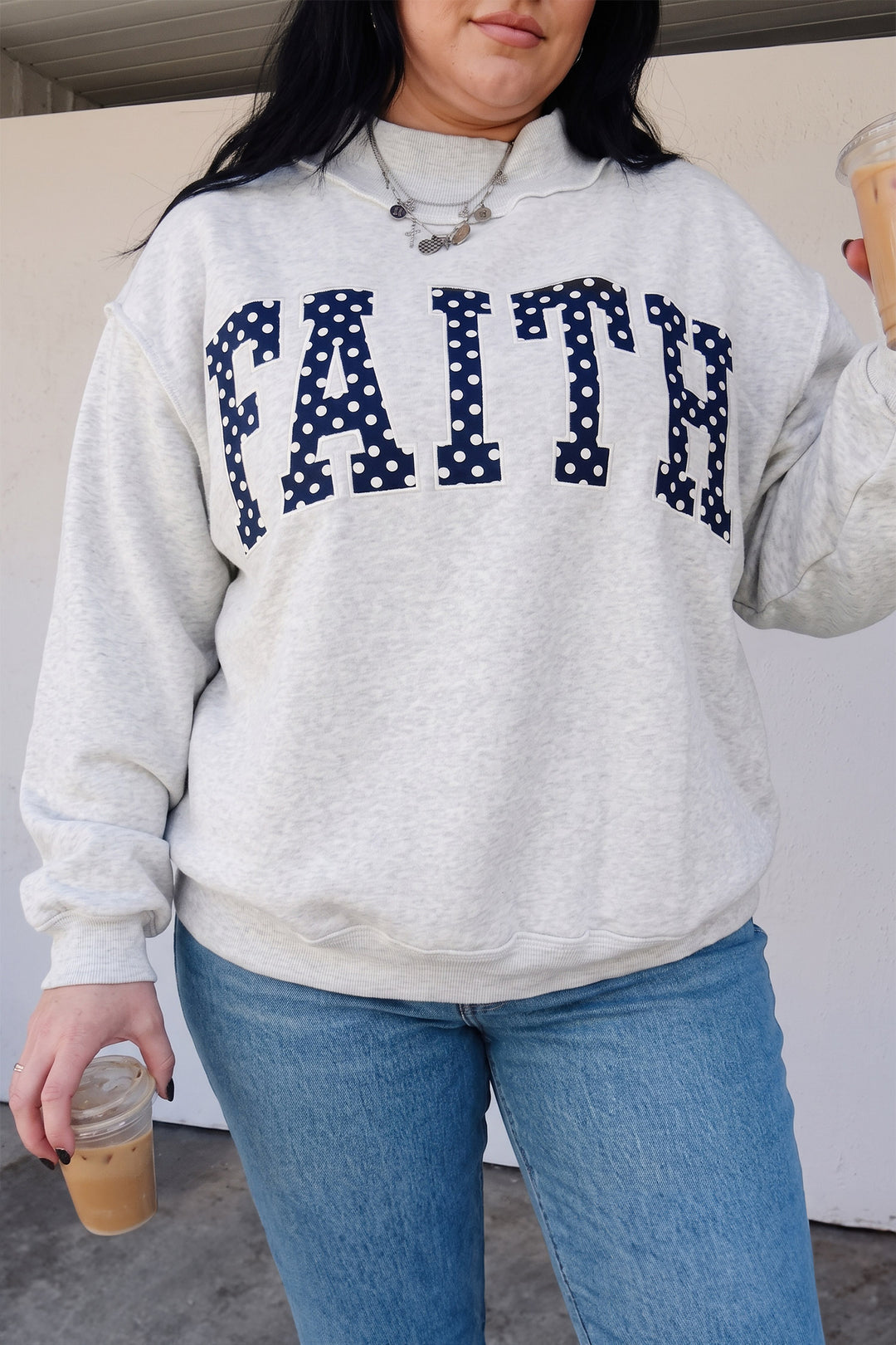 Light Grey Polka Dot Letter Print Loose Fit Long Sleeve Plus Size Sweatshirt