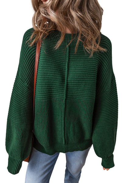 Blackish Green Textured Knit Crewneck Lantern Sleeve Sweater