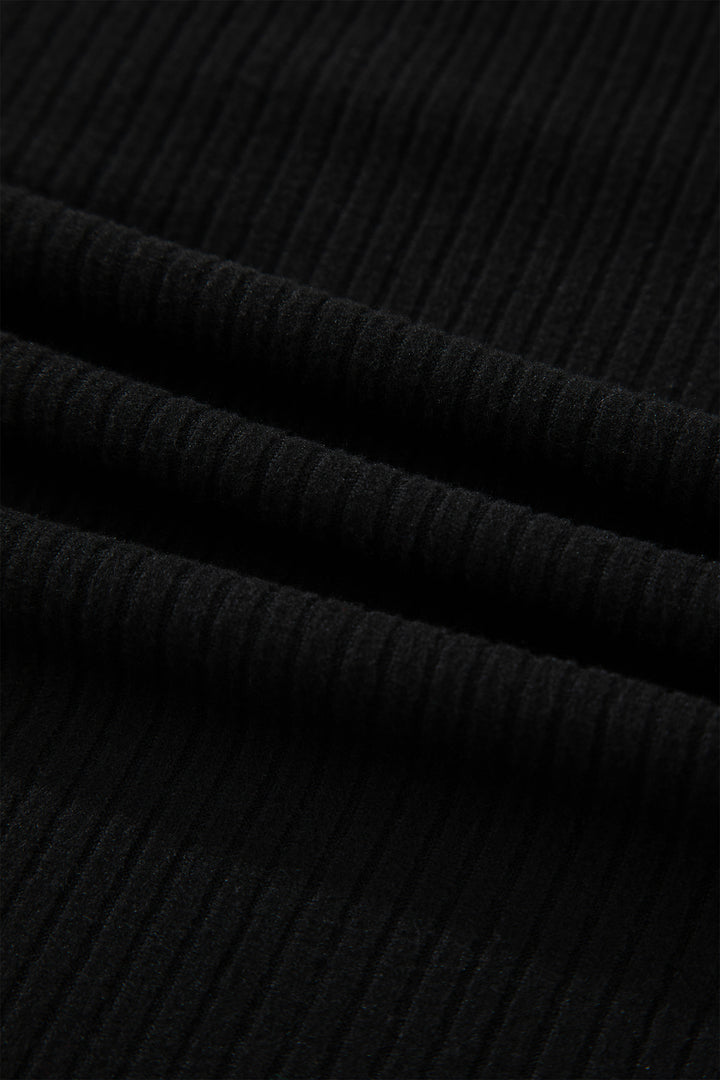 Black Lace Neckline Button Decor Lettuce Edge Long Sleeve Ribbed Top