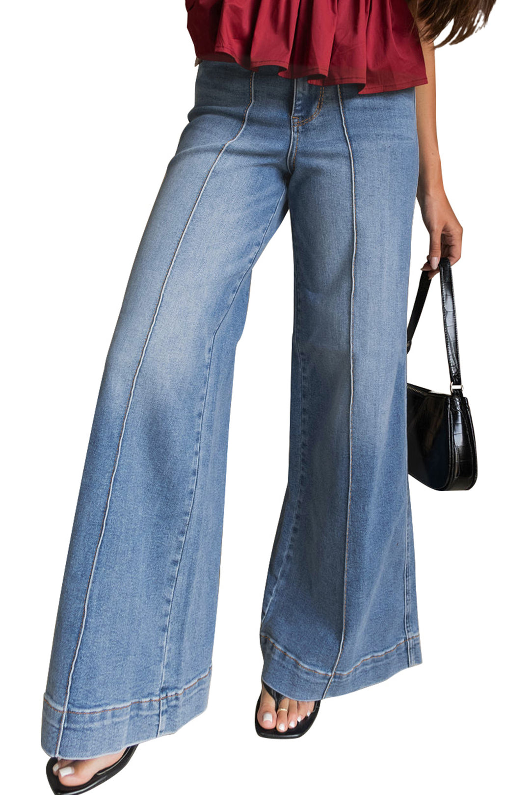Dusk Blue Piping Seam Detail Flare Leg Pocket Jeans