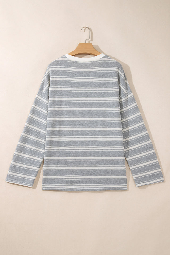 Gray Stripe Long Sleeve Round Neck Tunic Top