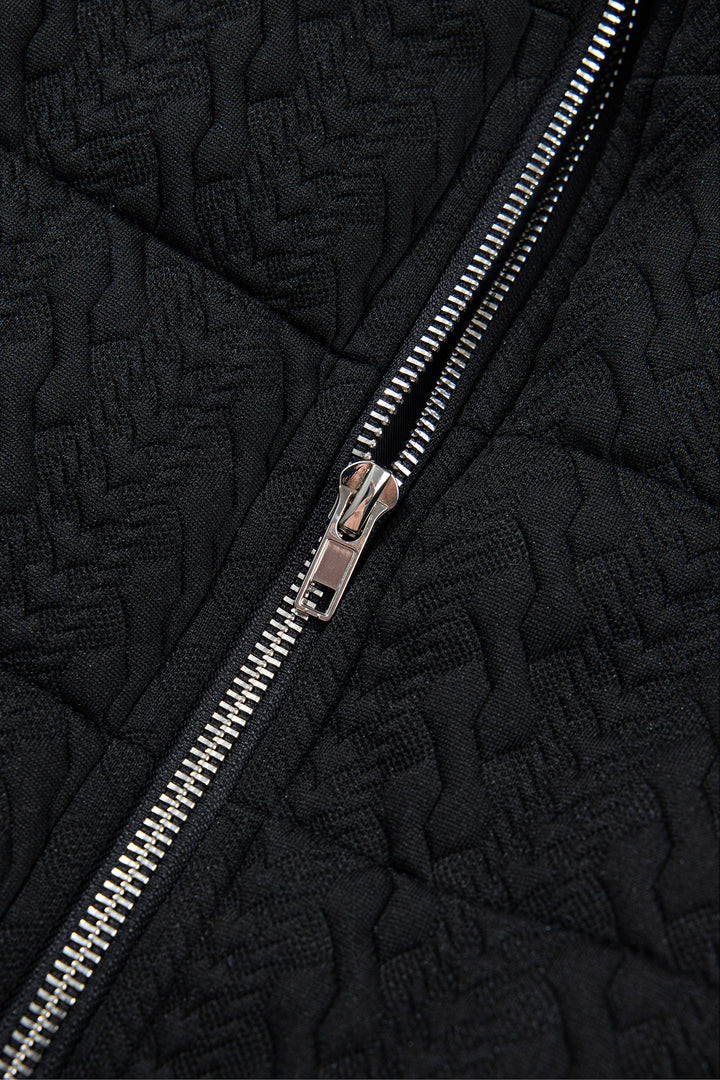 Black Textured Quilted Stand Neck Zipper Winter Vest