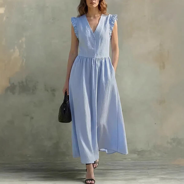 V-Neck Puff-Sleeve Dress with Pockets – Cotton Linen, 7 Colors