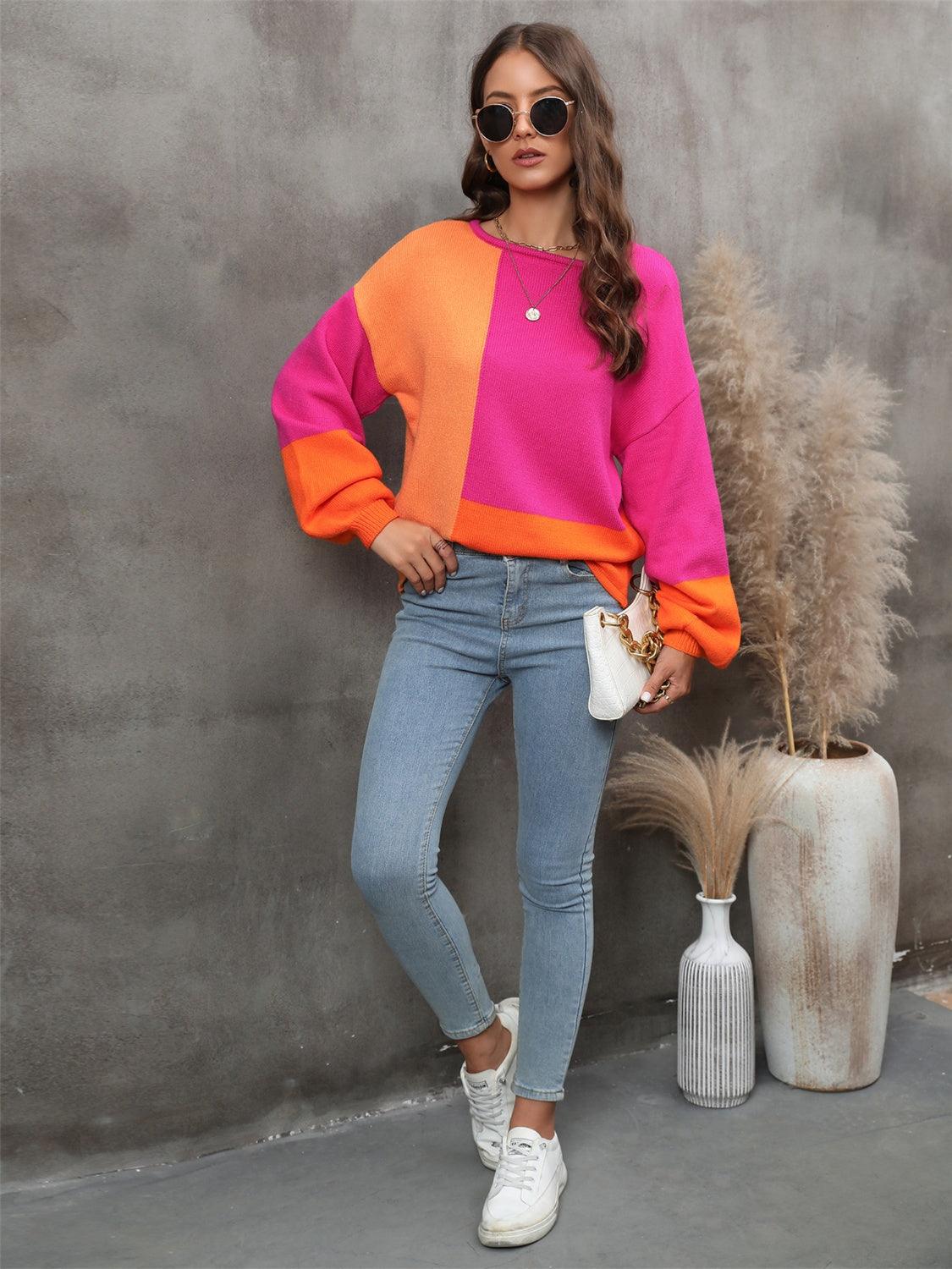 Angel Wings Color Block Round Neck Sweater