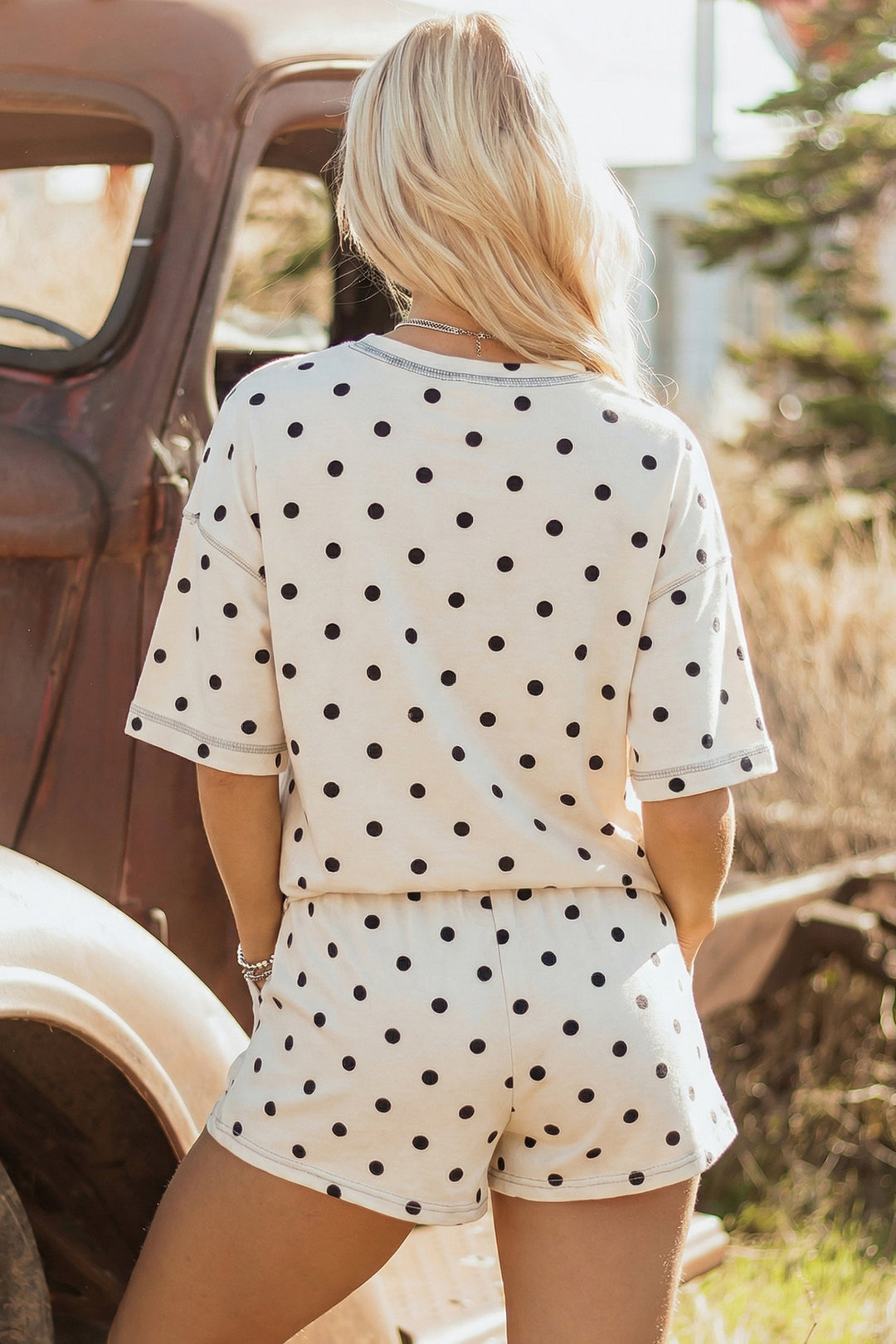 Yellow Exposed Seam Detail Polka Dot Loose Tee Drawstring Shorts Set