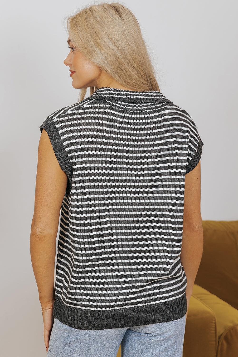 Gray Stripe Collared V Neck Sweater Vest with Pockets