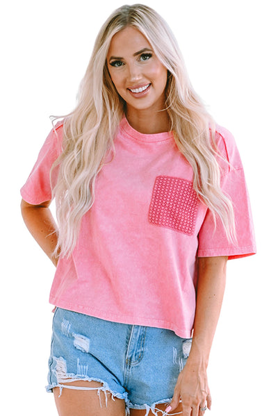 Pink Acid Wash Lace Patch Pocket T-Shirt