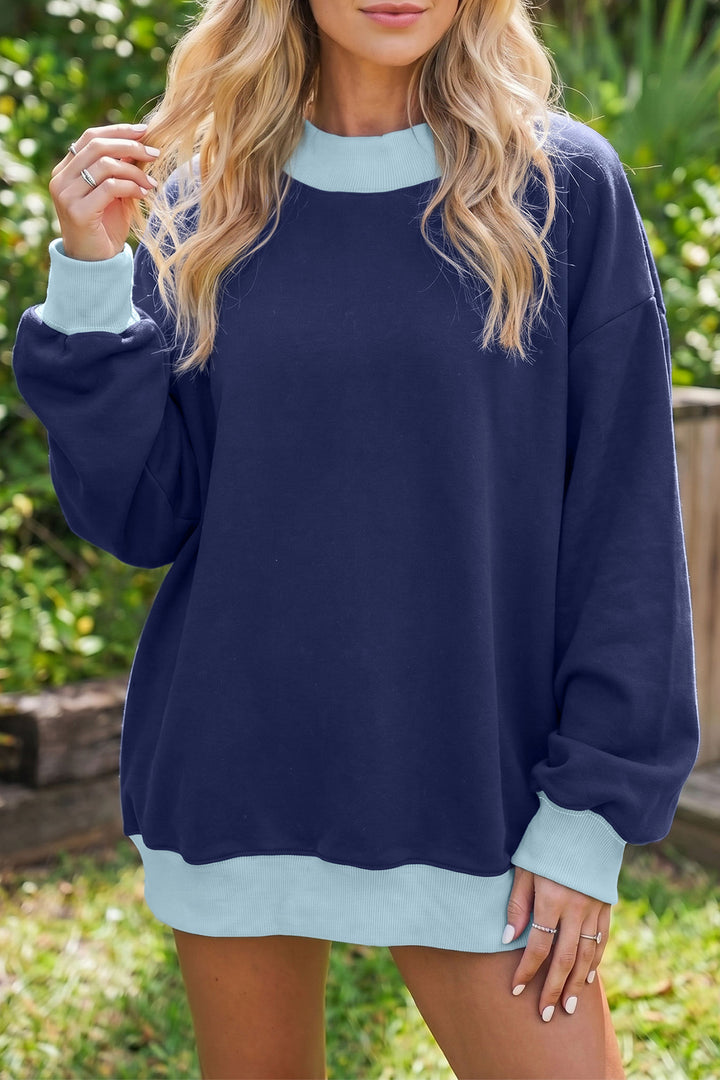 Pink Colorblock Trim Crewneck Long Sleeve Pullover Sweatshirt