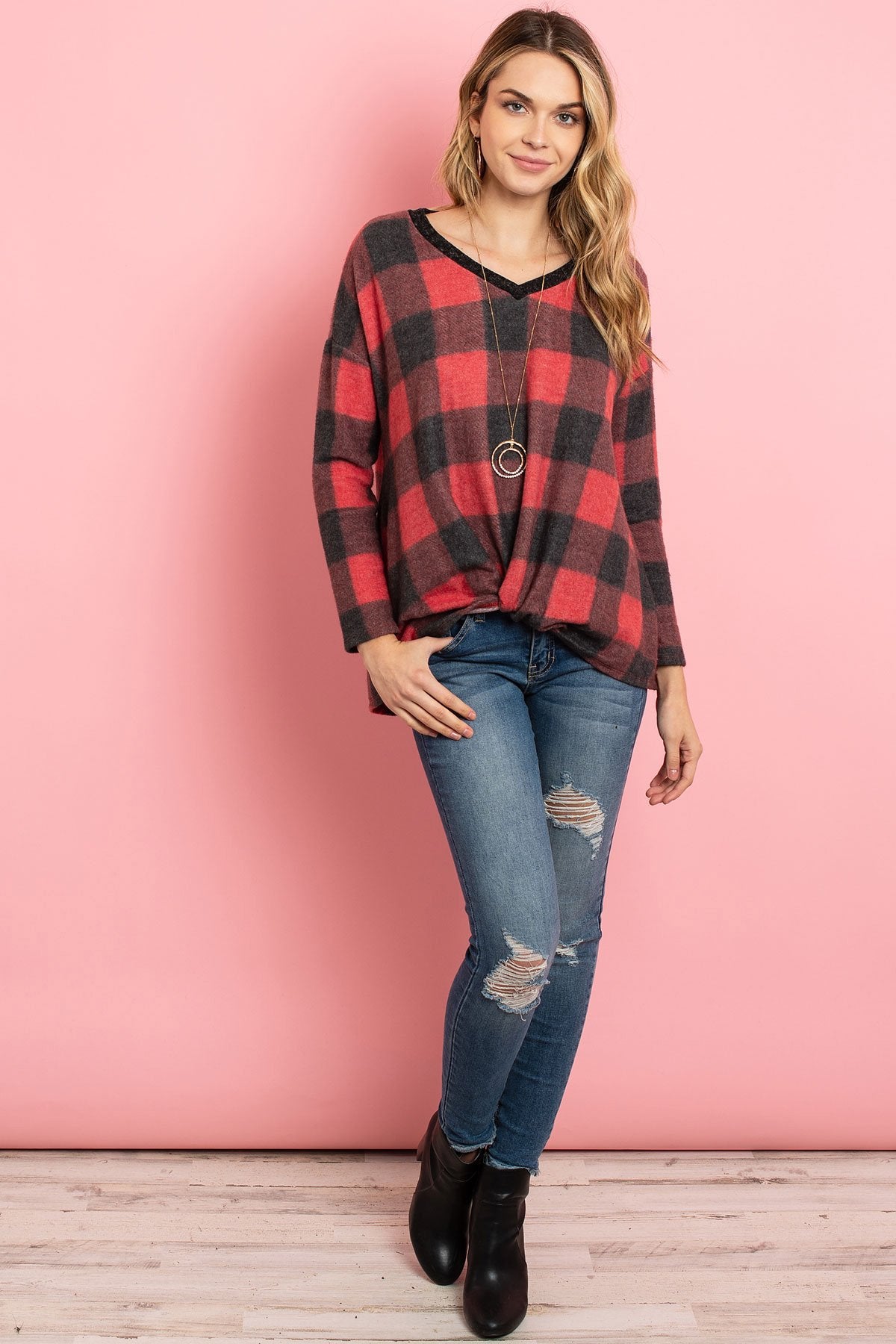 Brushed V-Neck Plaid Long Sleeve Knot Top