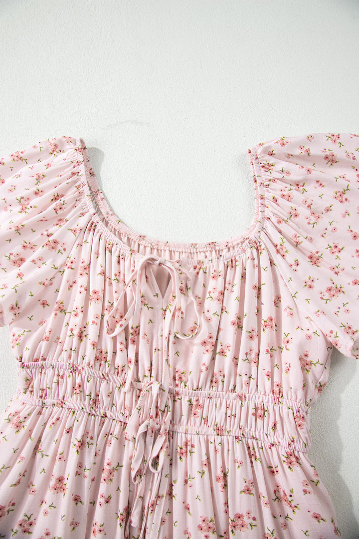 Pink Front Tie Shirred Waist Short Sleeve Ruffled Floral Mini Dress