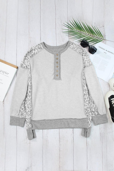 Gray Leopard Patchwork Exposed Seam Buttoned Neck Sweatshirt