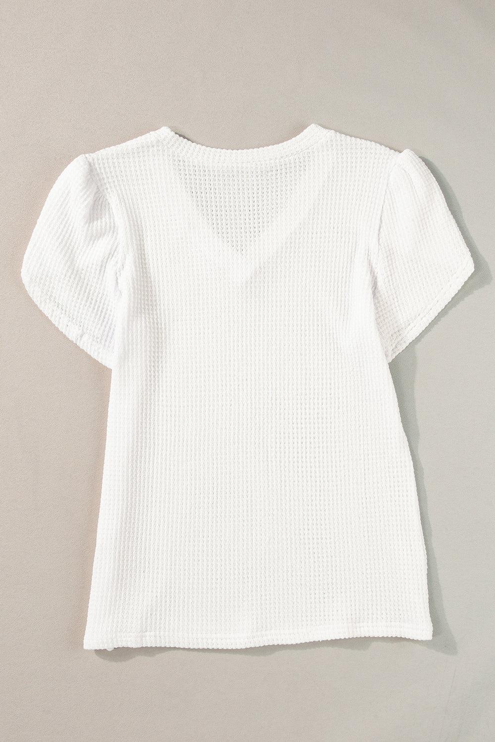 White V Neck Petal Sleeve Waffle Knit T-Shirt