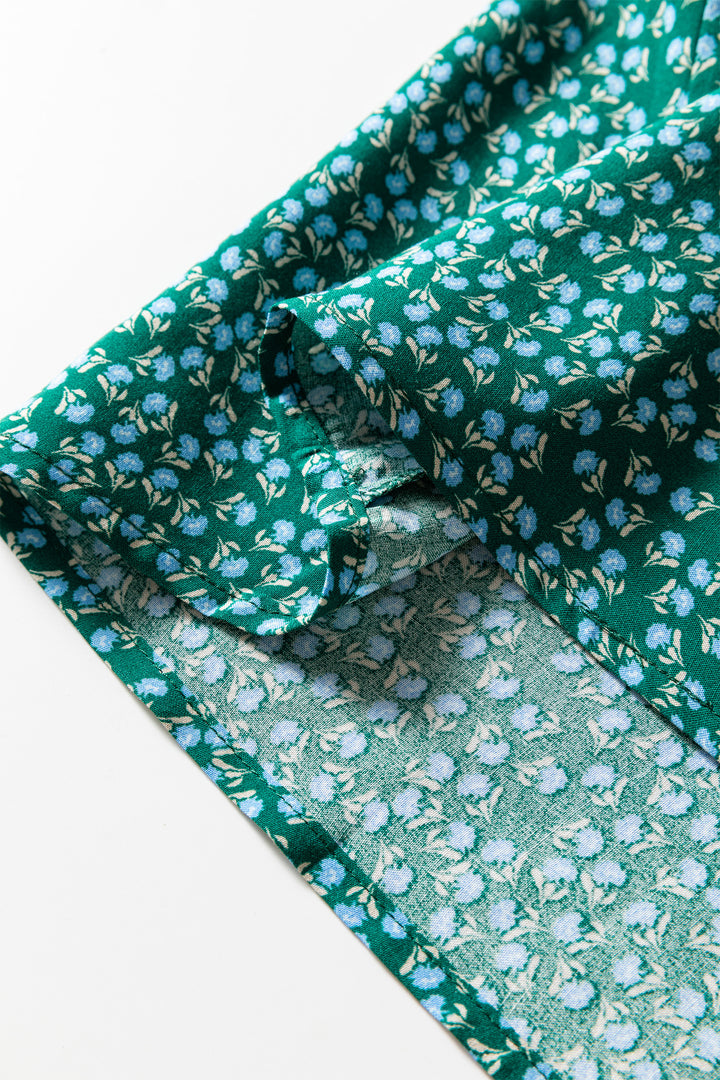 Green Boho Chic Notched V Neck Plus Floral Short Sleeve Top