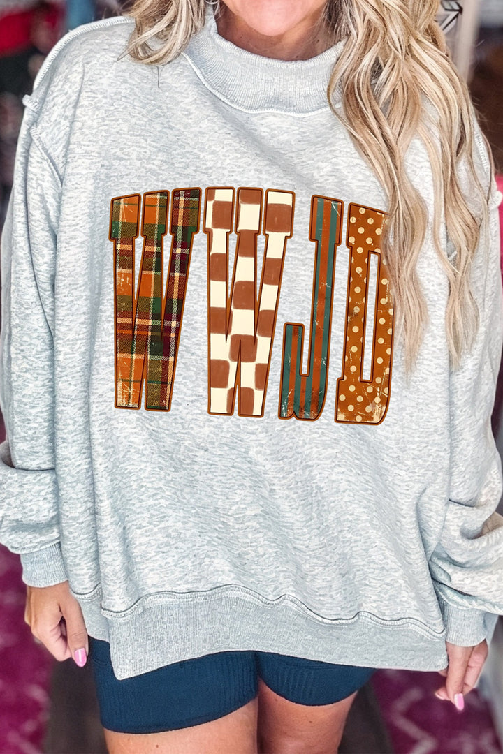Light Grey WWJD Graphic Mock Neck Oversized Sweatshirt