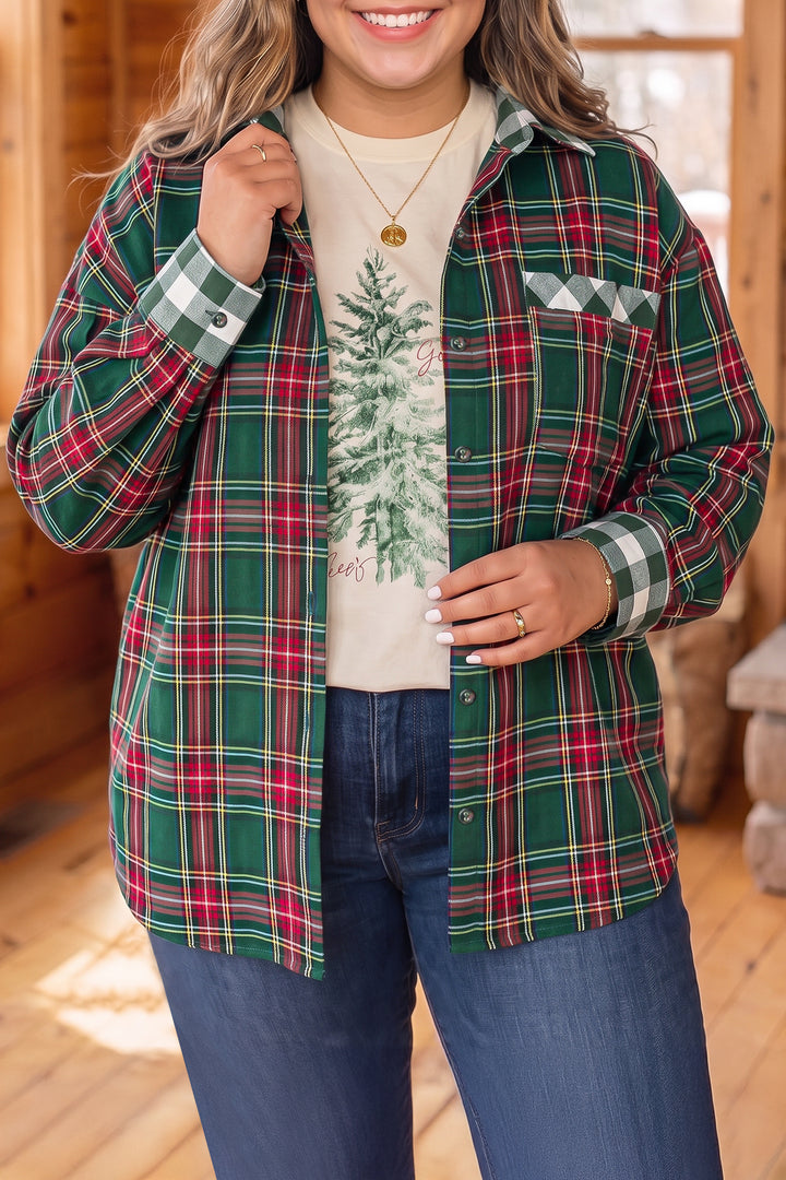 Green Plaid Long Sleeve Shift Plus Size Shirt