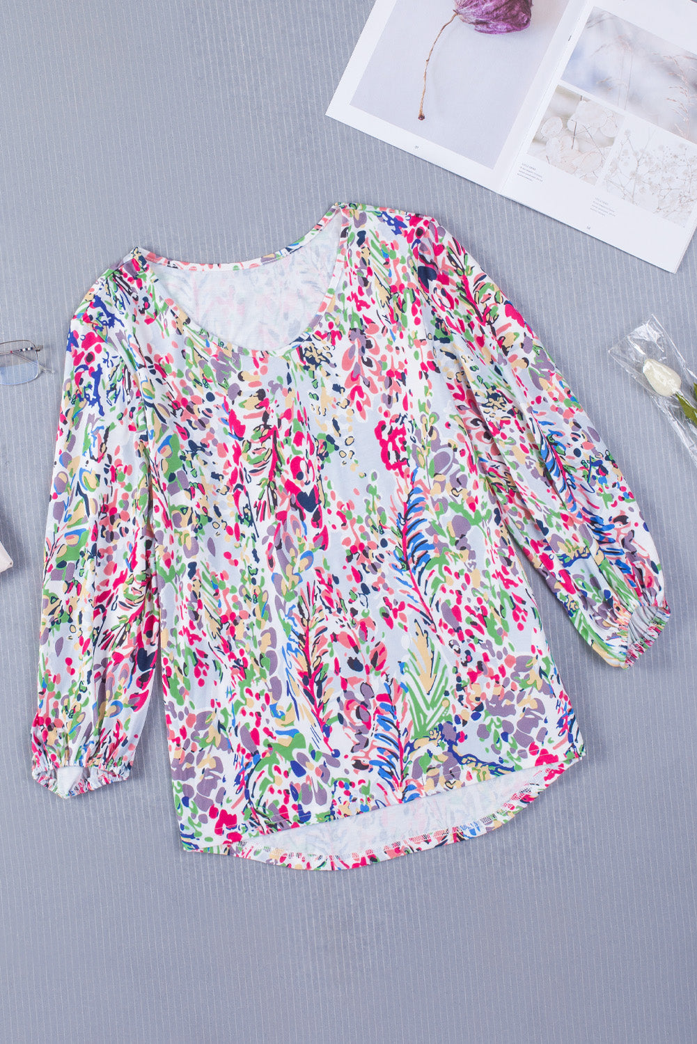 Green Floral Print Puffy Sleeve Loose Blouse