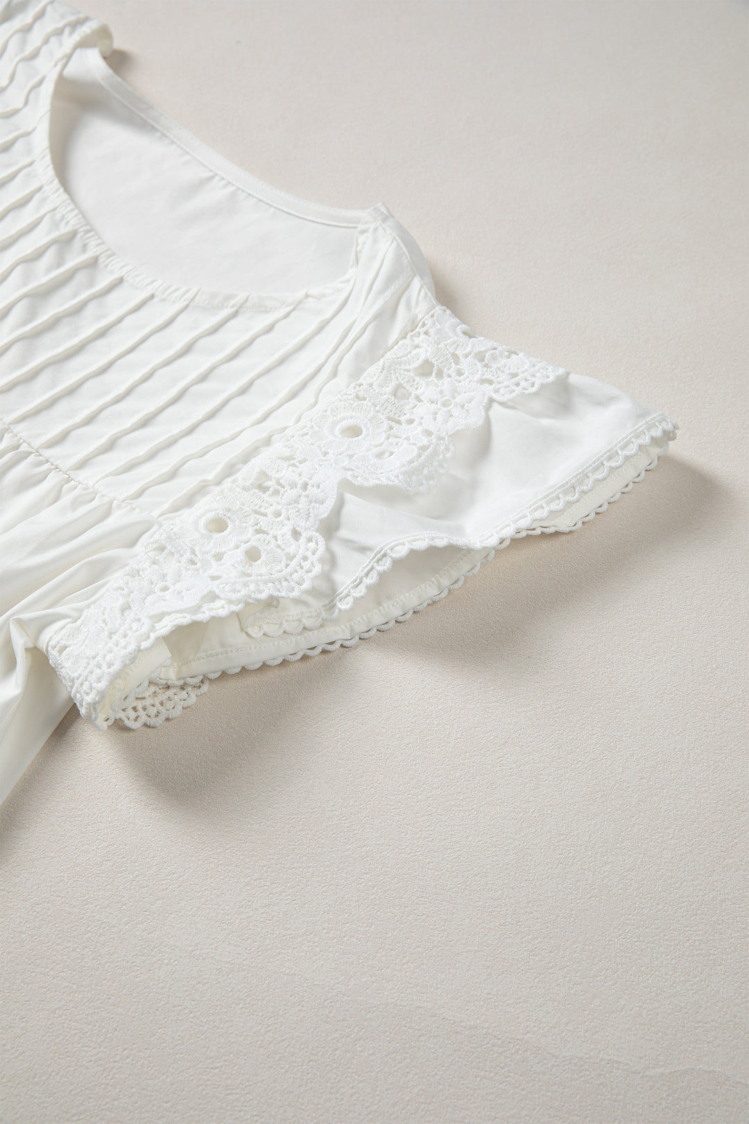 White Lace Detail Flutter Sleeve Pleated Round Neck Blouse