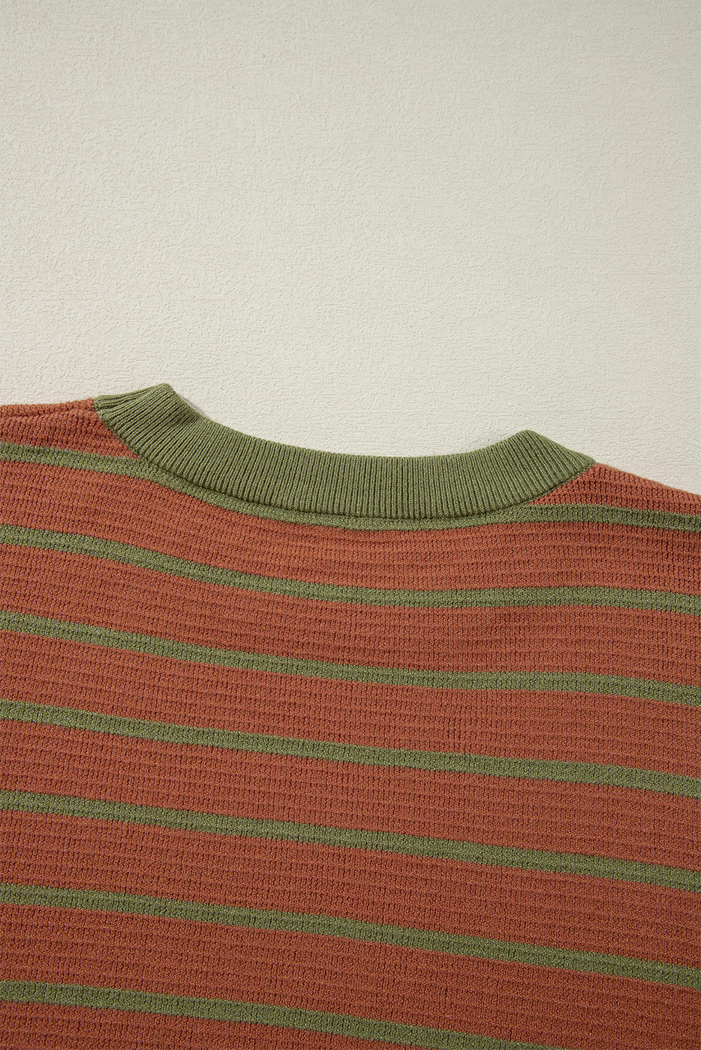 Brown Stripe Trimmed Round Neck Drop Shoulder Loose Sweater