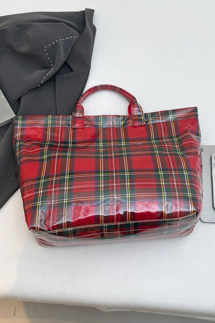 Fiery Red Plaid Pattern PVC Glossy Waterproof Tote Bag